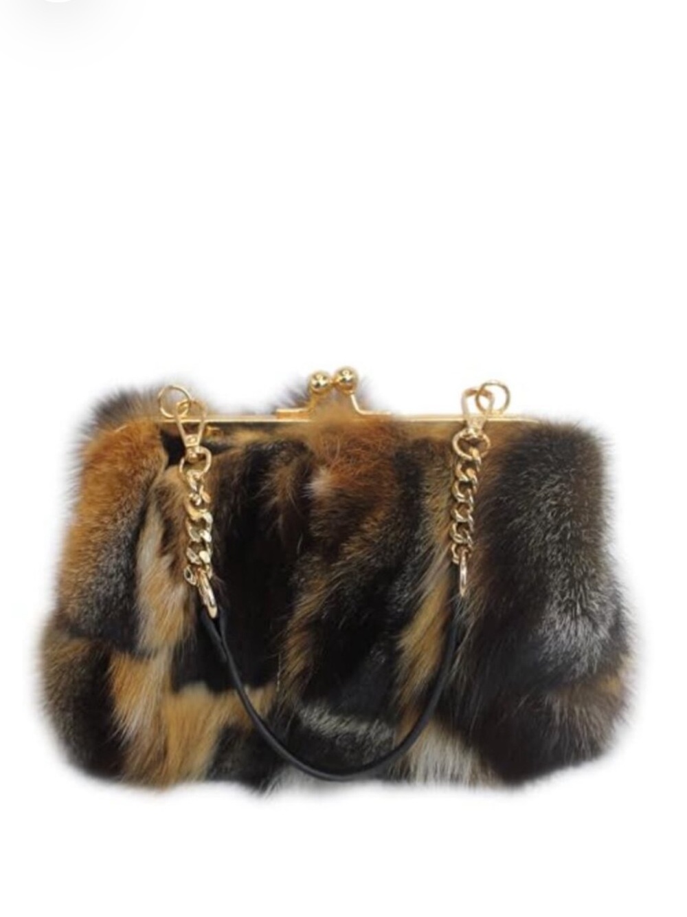Genuine Fox Fur Clutch Purse Kisslock Chain Crossbody Strap